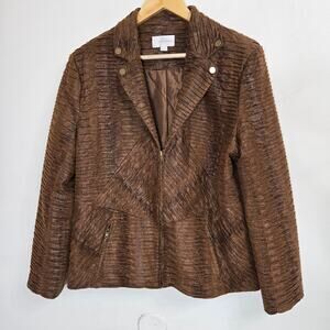 Erin London Womens Chocolate Brown Faux Suede Snakeskin Textured Moto Jacket L